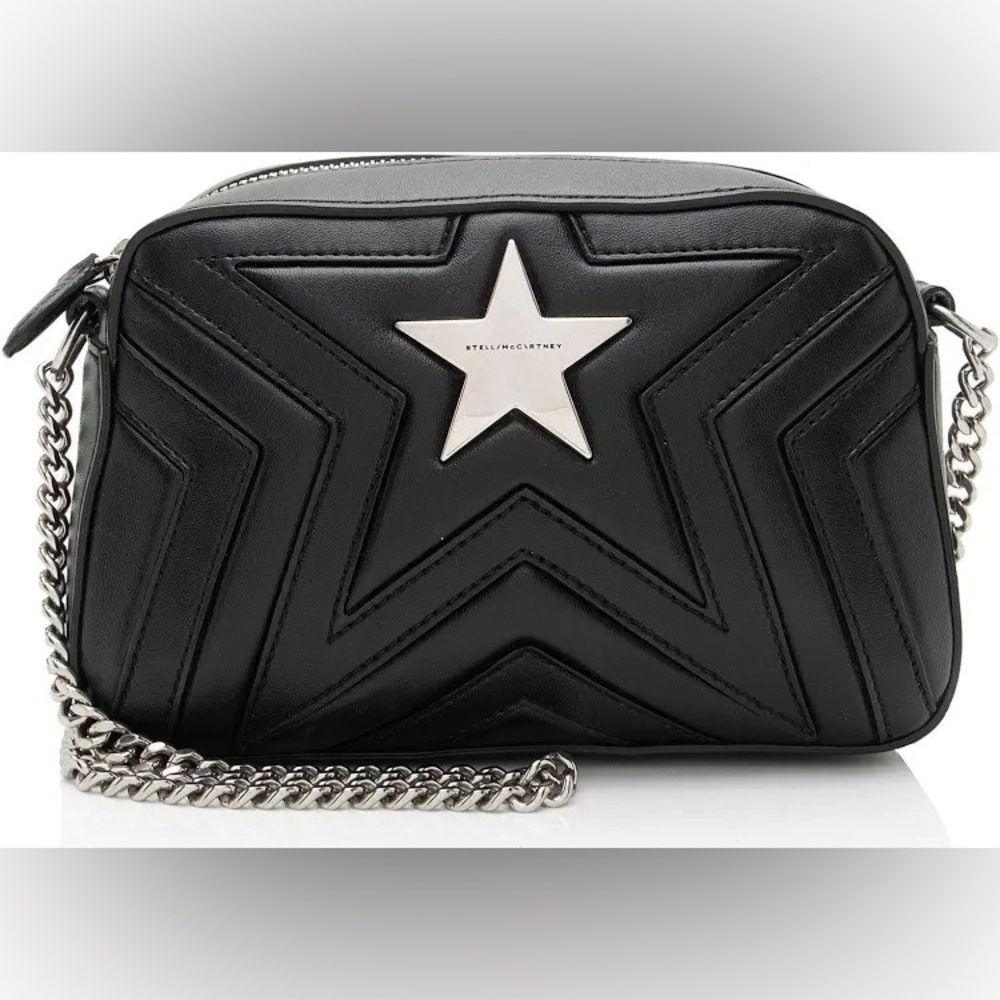 Stella McCartney Black Stella Star Quilted Crossbody Bag with Silver Chain